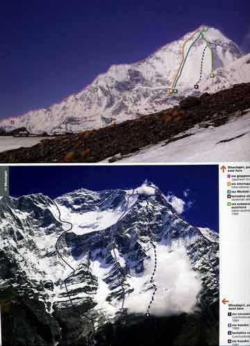 
Top:Dhaulagiri East Face With Climbing Routes: 1. Japanese route 1978. 2. International route 1980, 3. Wielicki route 1990, 4. Slovenian attempt 1986, 5. Swiss-Austrian first ascent route 1960. Bottom Dhaulagiri West Face With Climbing Routes: 1. Czechoslovak route 1984, 2. Kazakh route 1990, 3. Czechoslovak attempt 1985, 4 Kazakh route 1991. - 8000 Metri Di Vita, 8000 Metres To Live For book
